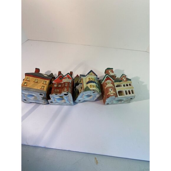 Vintage Ceramic Christmas Village Set Of 4 Decorative Houses With Snow Accents & - Picture 3 of 6